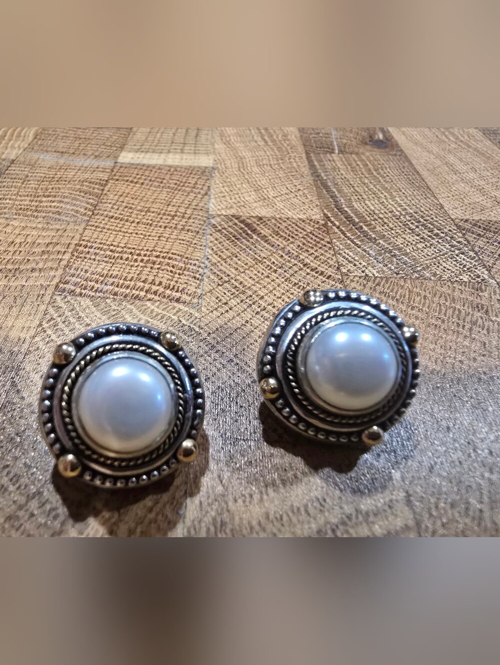 Vintage Stephen Dweck 18k Gold and Sterling Silver Earrings with White Pearl